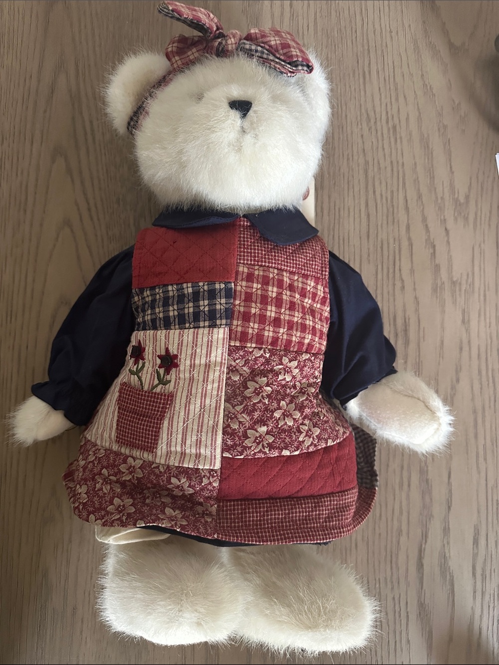 Boyds Bears White Teddy with Red Patchwork Dress and Navy Sleeves